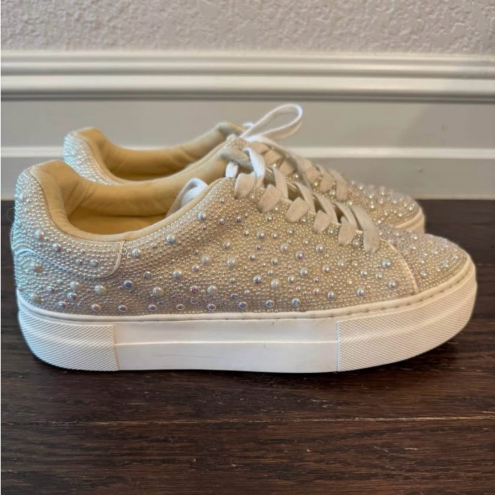 Betsey Johnson Cream Pearl-Studded Sneakers